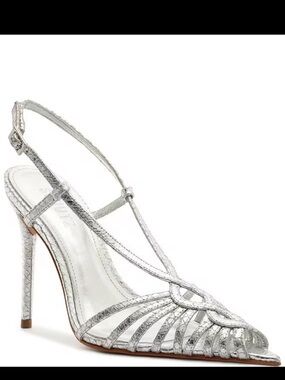 Schutz Seraphine Silver Strappy Metallic Pointed-Toe Slingback Heel